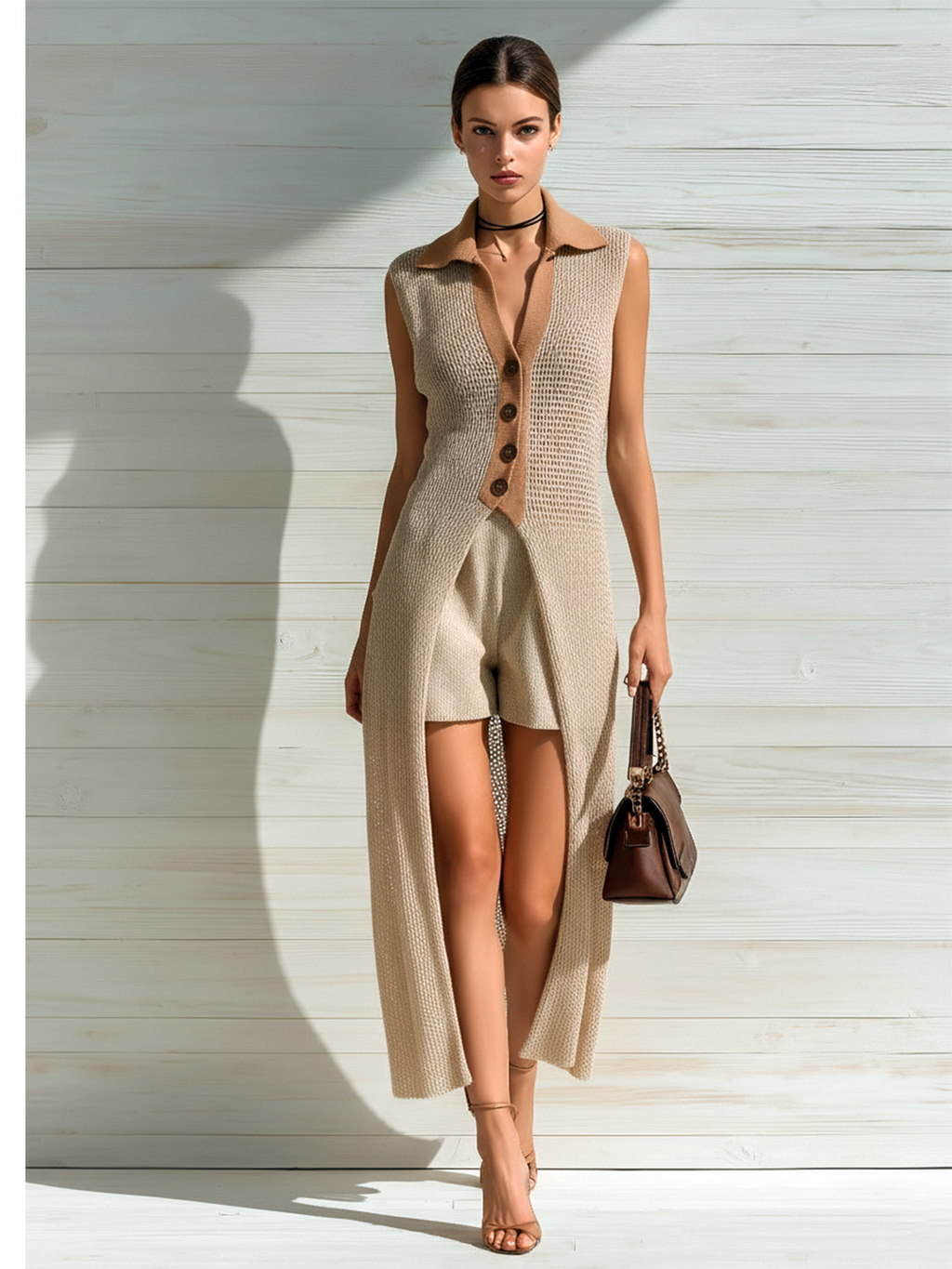 Chic Casual Beige Colorblock Lapel Collar Button-Down Sleeveless Maxi Cardigan Knit Shorts Two-Piece Set