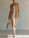 Chic Holiday Camel-Beige Vertical Stripe Camisole Slim-Fit Openwork Knit Midi Dress