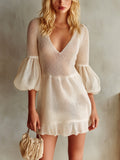 Chic Elegant Beige Deep V-Neck Half-Lantern-Sleeve Tailored-Waist Slim-Fit Hollow Knit Mini Dress