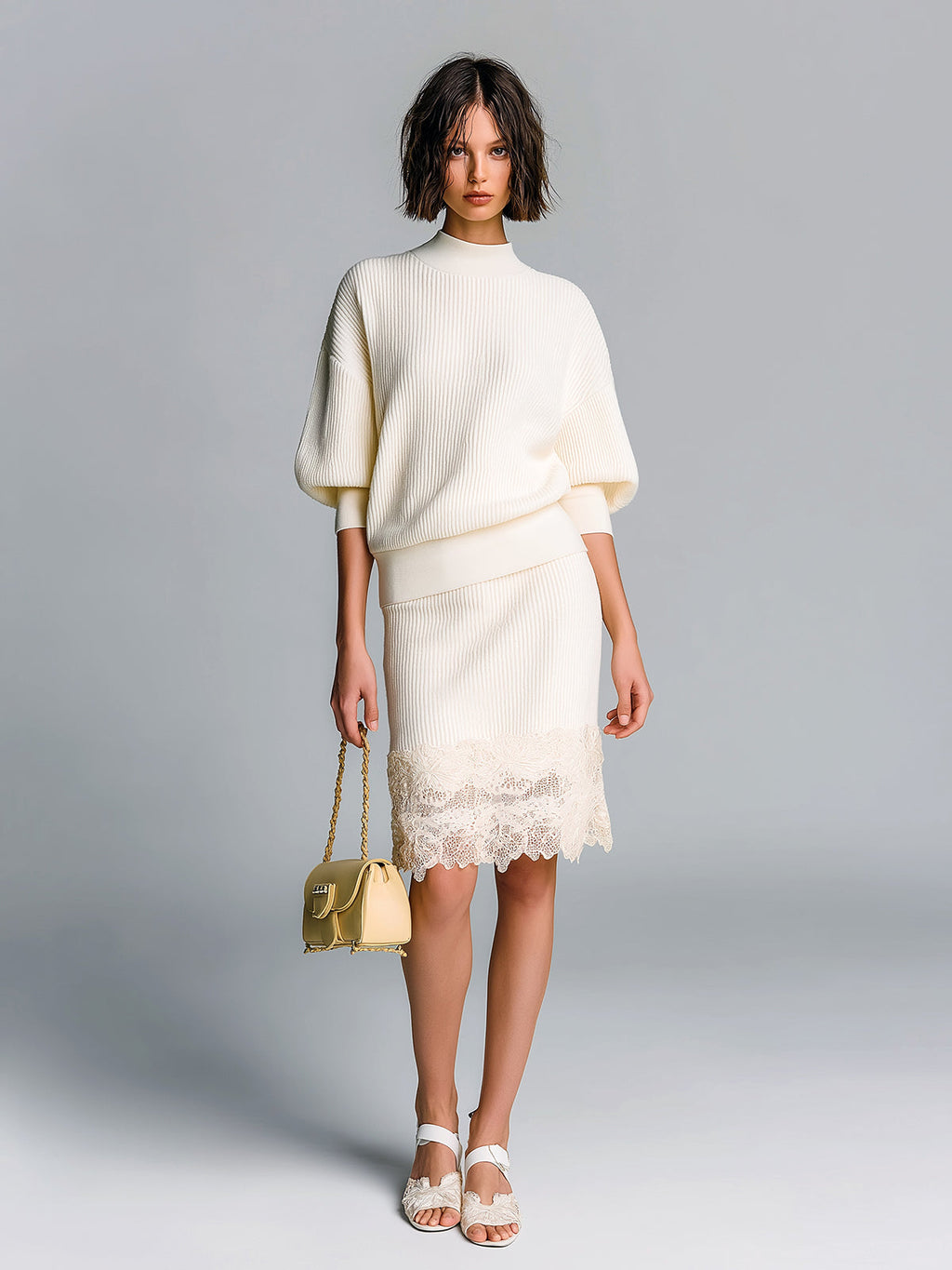 Chic Elegant Cream White Mock Neck Short-Sleeve Slim-Fit Sweater Bodycon Lace Details Midi Skirt Ribbed Knit Two-Piece Set