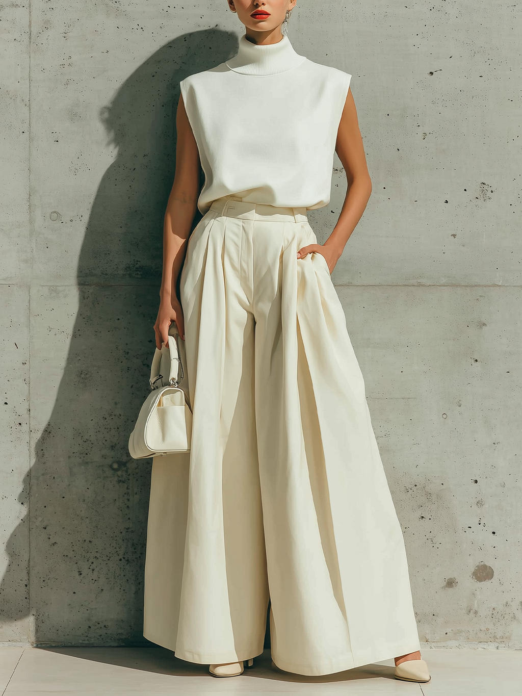 Stylish Elegant White Turtleneck Sleeveless Loose-Fit Knit Vest Top Beige High-Waist Wide-Leg Pants Teo-Piece Set