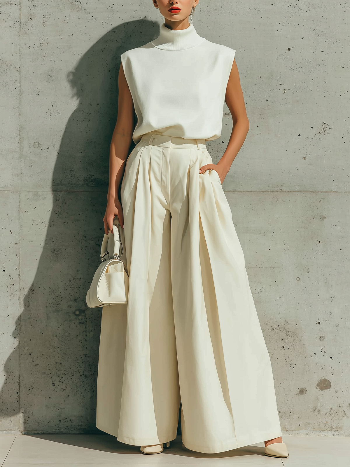 Stylish Elegant White Turtleneck Sleeveless Loose-Fit Knit Vest Top Beige High-Waist Wide-Leg Pants Teo-Piece Set