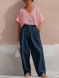 Chic Elegant Pink V-Neck Short-Sleeve Oversized Knit Top Navy Linen Wide-Leg Pants Two-Piece Set