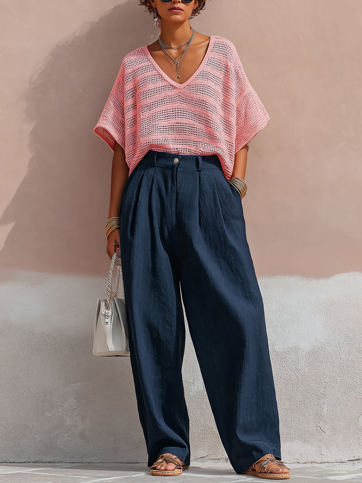 Chic Elegant Pink V-Neck Short-Sleeve Oversized Knit Top Navy Linen Wide-Leg Pants Two-Piece Set