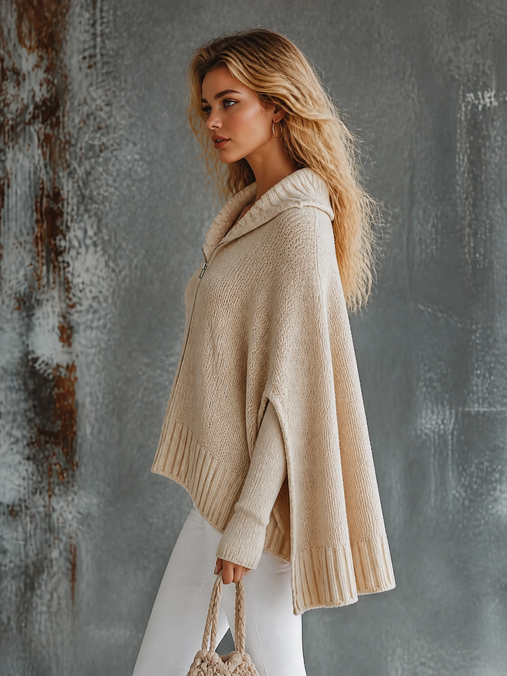 Chic Elegant Oatmeal Beige Lapel Collar Front Zipper Long-Sleeve Loose-Fit Knit Cape Cardigan Top