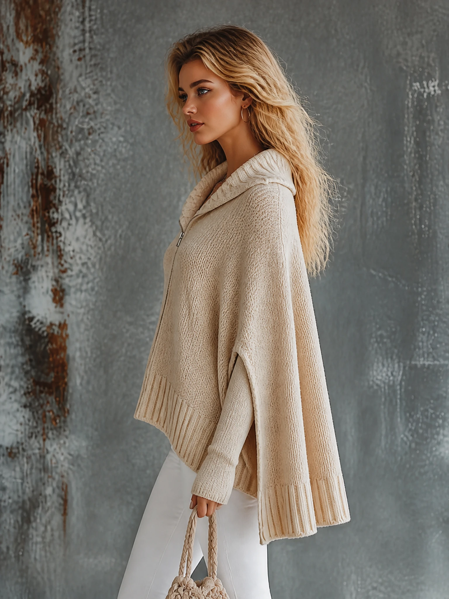Chic Elegant Oatmeal Beige Lapel Collar Front Zipper Long-Sleeve Loose-Fit Knit Cape Cardigan Top