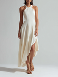 Chic Elegant White Round-Neck Halter-neck Sleeveless Slim-Fit Side-Slit Satin Maxi Dress