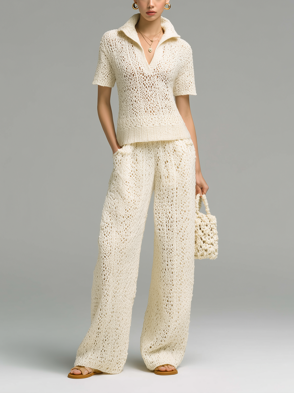 Chic Casual Beige Lapel Collar Short-Sleeve Loose Sweater Wide-Leg Pants Hollow-Out Knit Two-Piece Set