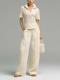 Chic Casual Beige Lapel Collar Short-Sleeve Loose Sweater Wide-Leg Pants Hollow-Out Knit Two-Piece Set