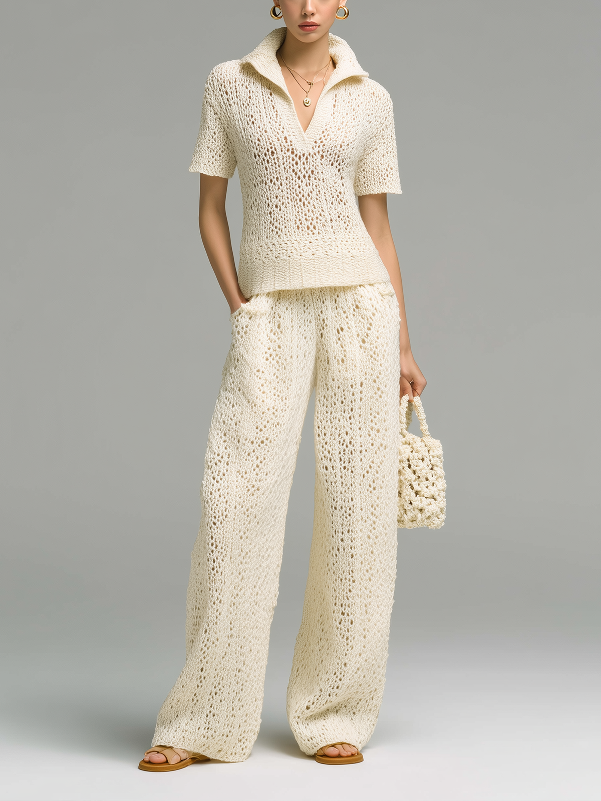 Chic Casual Beige Lapel Collar Short-Sleeve Loose Sweater Wide-Leg Pants Hollow-Out Knit Two-Piece Set