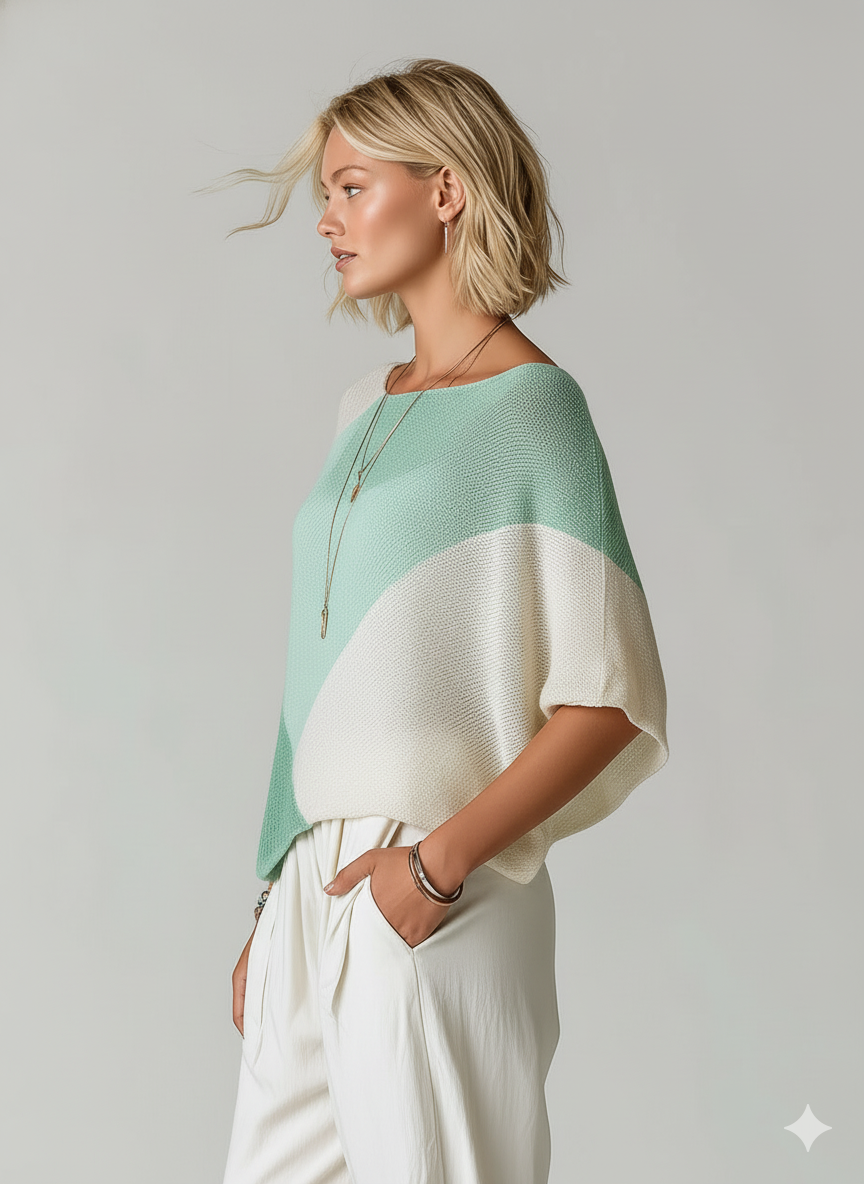 Chic Elegant Green-White Colorblock  Round-Neck Short-Sleeve Oversized Knit Sweater