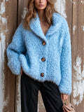 Chic Elegant Blue Shawl-Collar Dropped-Shoulder Long-Sleeve Single-Breasted Wool Blend Warm Knit Overiszed Cardigan