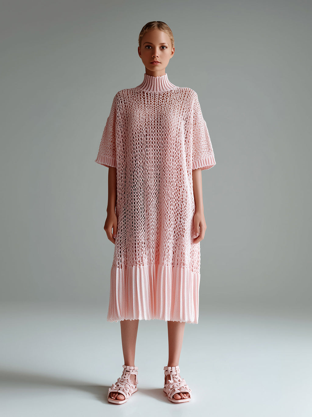 Chic Elegant Pink Mock Neck Short-Sleeve Pleated Hem Loose-Fit Hollow-Out Knit Midi Dress