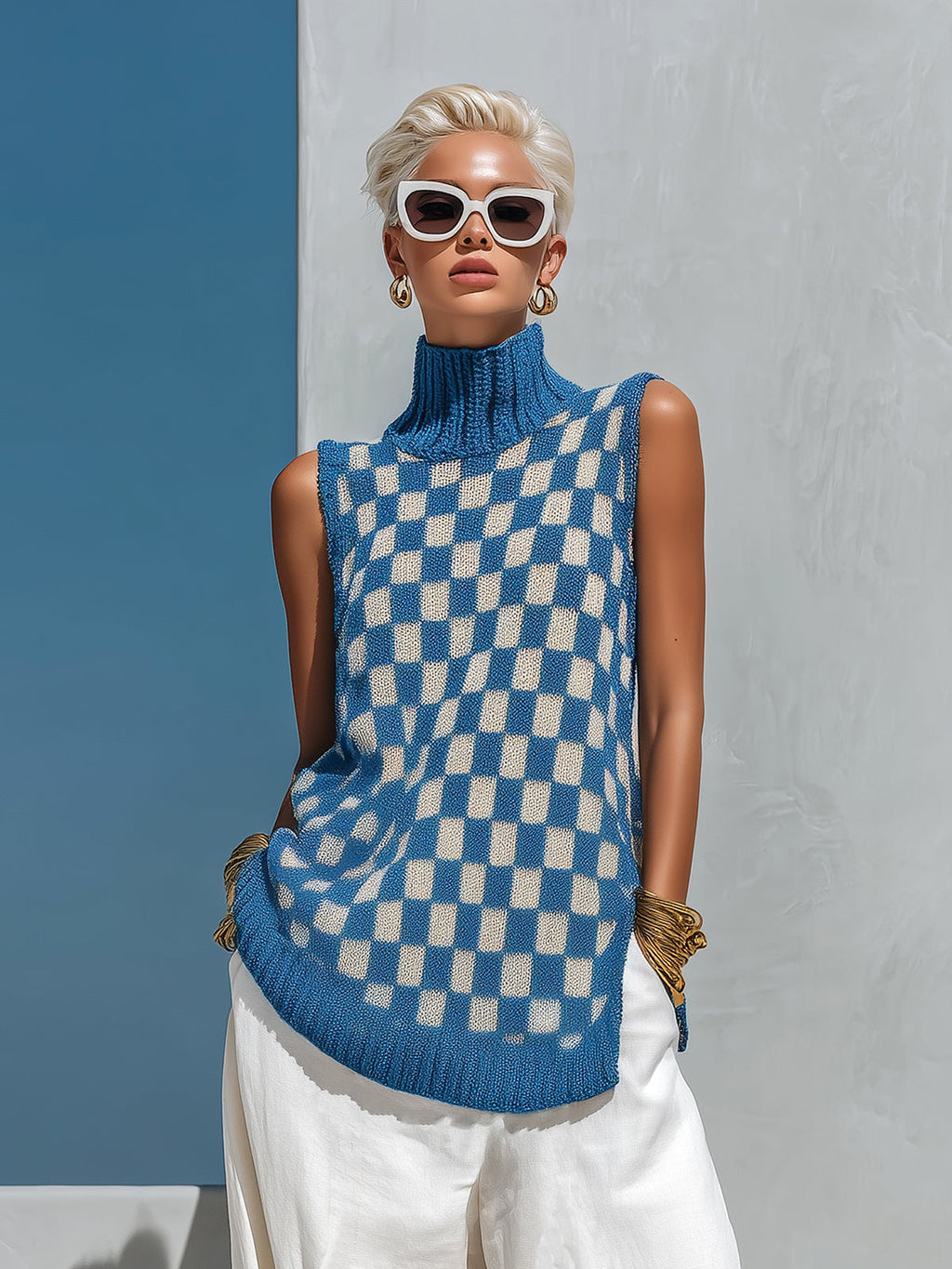 Chic Elegant Blue-Beige Checkboard Jacquard Mock Neck Sleeveless Loose-Fit Side-Slit Knit Vest Top