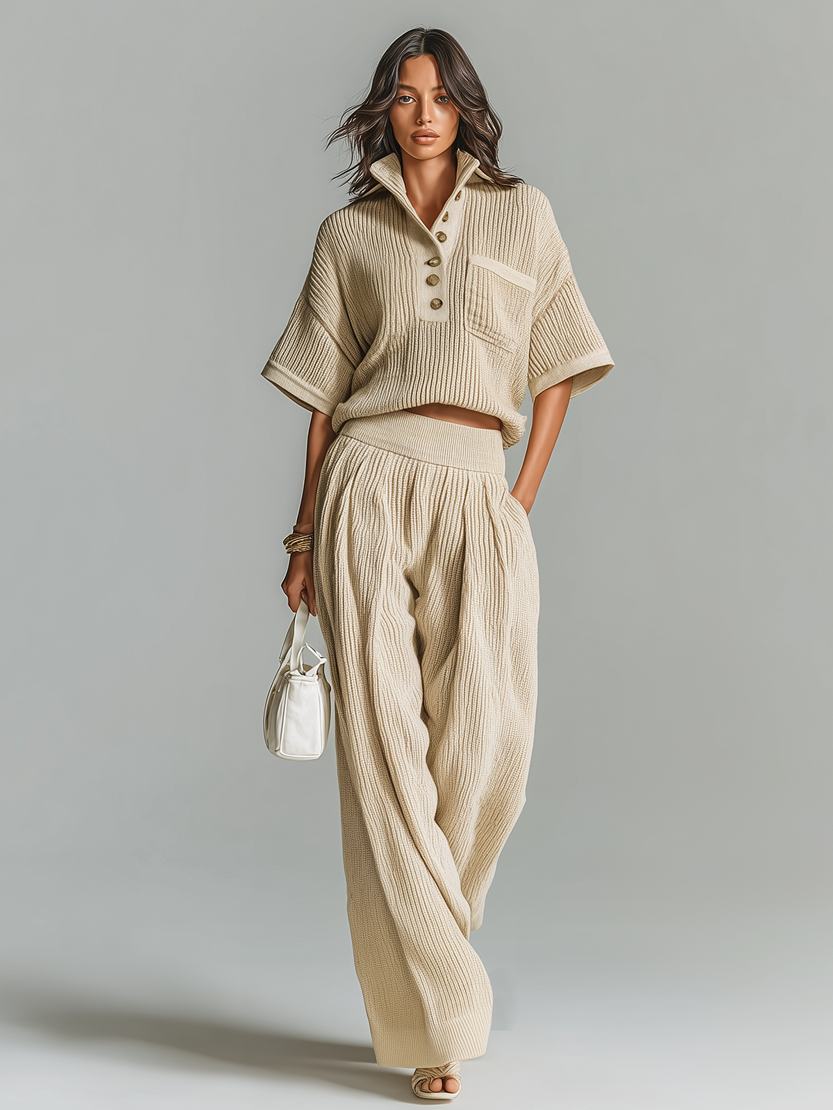 Fashion Casual Beige Stand Collar Button-Up Short-Sleeve Loose Sweater Wide-Leg Pants Knit Two-Piece Set