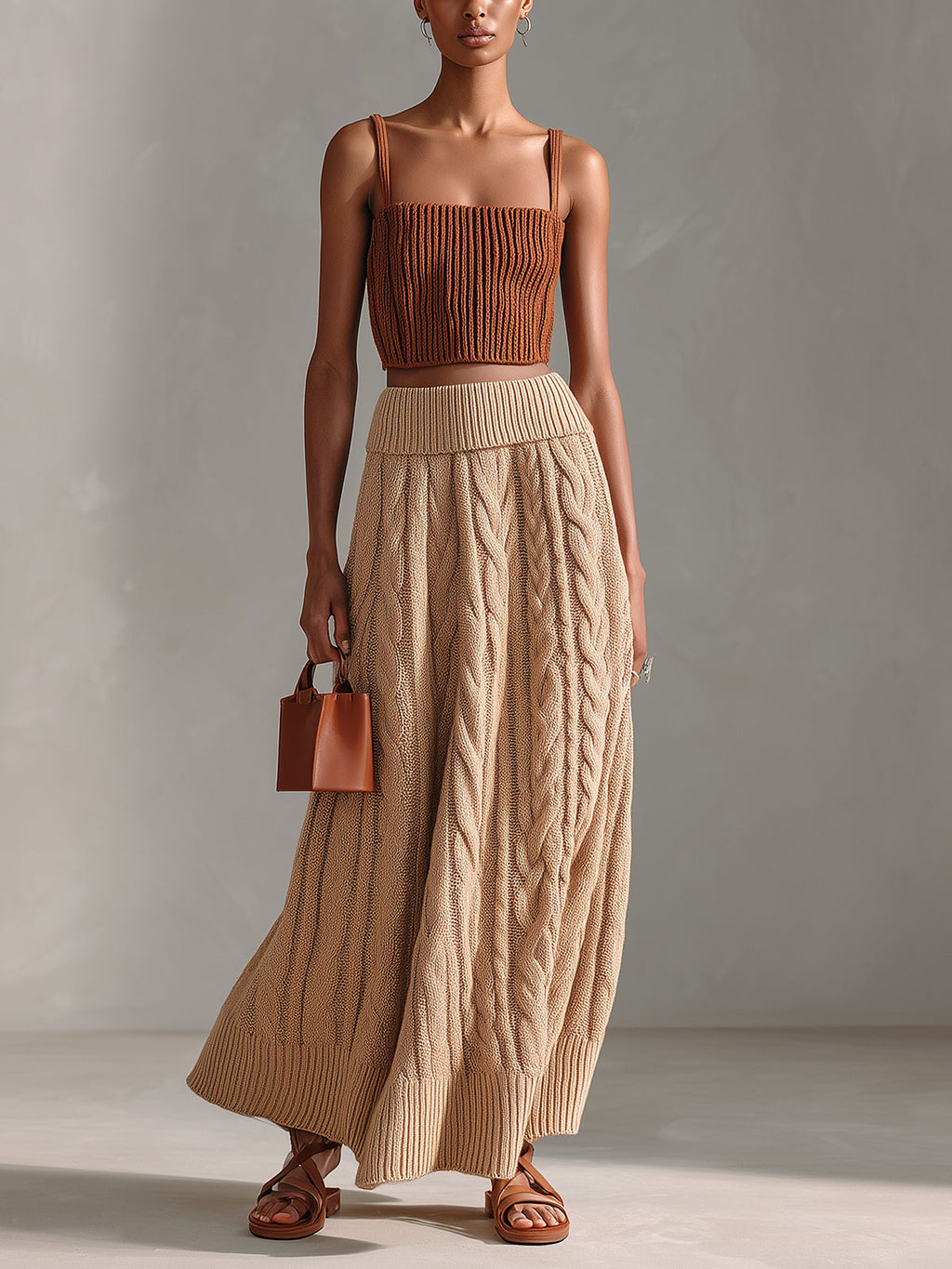 Chic Elegant Caramel Square-Neck Slim-Fit Ribbed Tank Top Camel A-Line Cable Knit Maxi Skirt Two-Piece Set