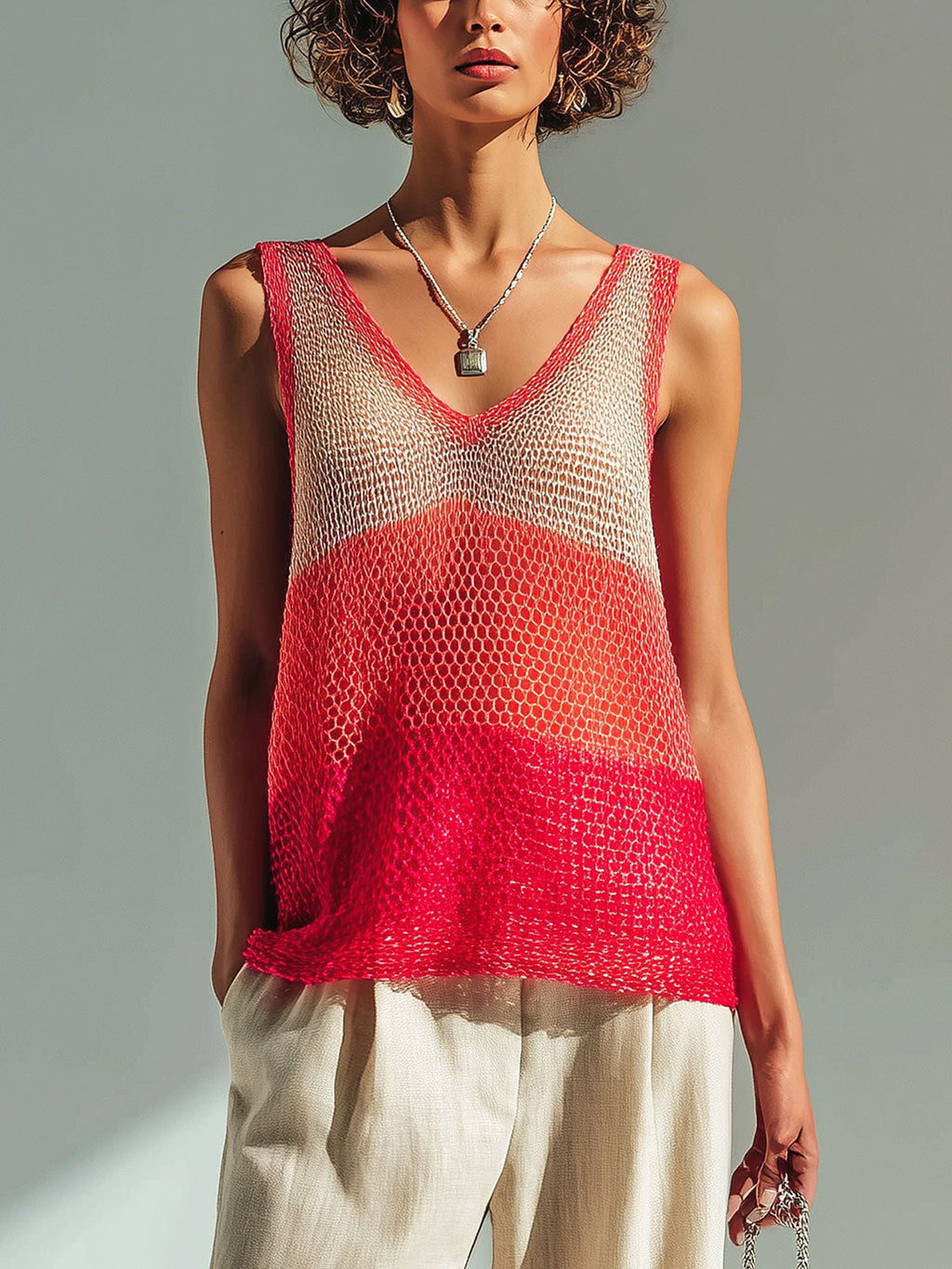 Chic Casual Red-Beige Colorblock V-Neck Sleeveless Loose-Fit Hollow-Out Knit Vest Top