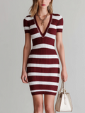 Chic Elegant White Red Stripe Deep V-Neck Short Sleeve Slim-Fit Knit Bodycon Mini Dress