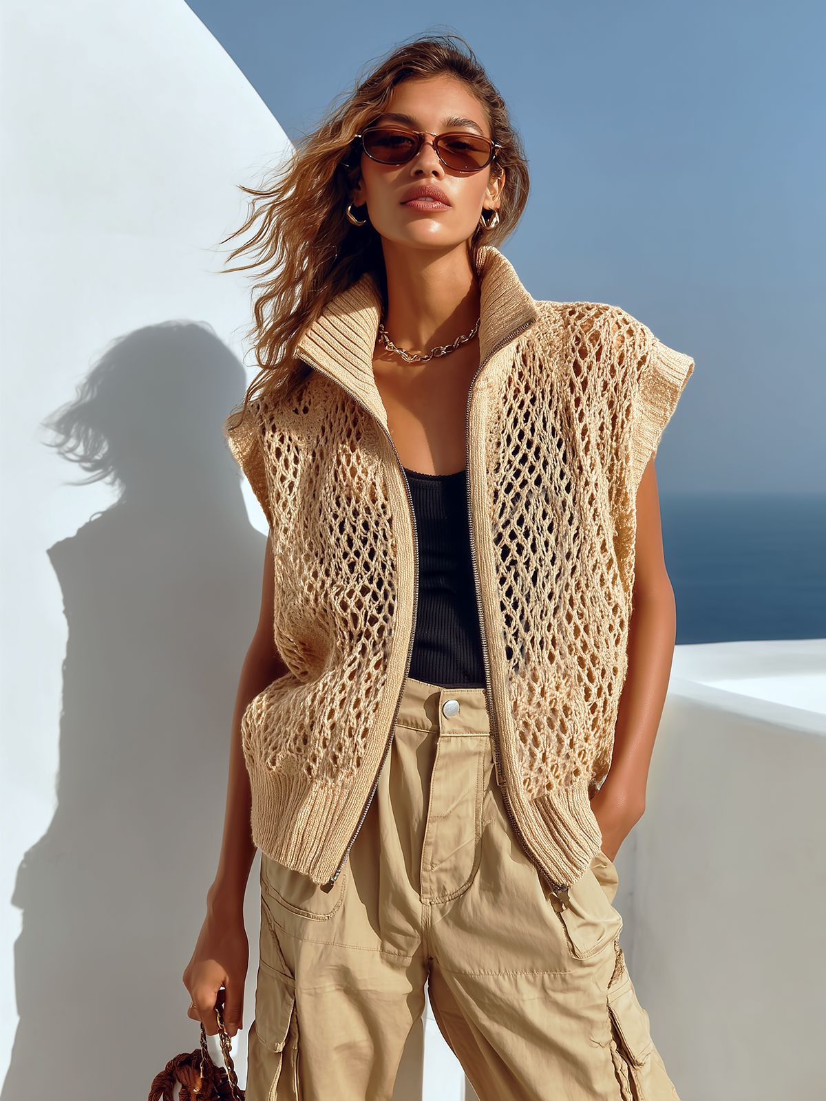 Chic Casual Beige Zipper-Up Stand Collar Sleeveless Loose Hollow-Out Knit Vest Top