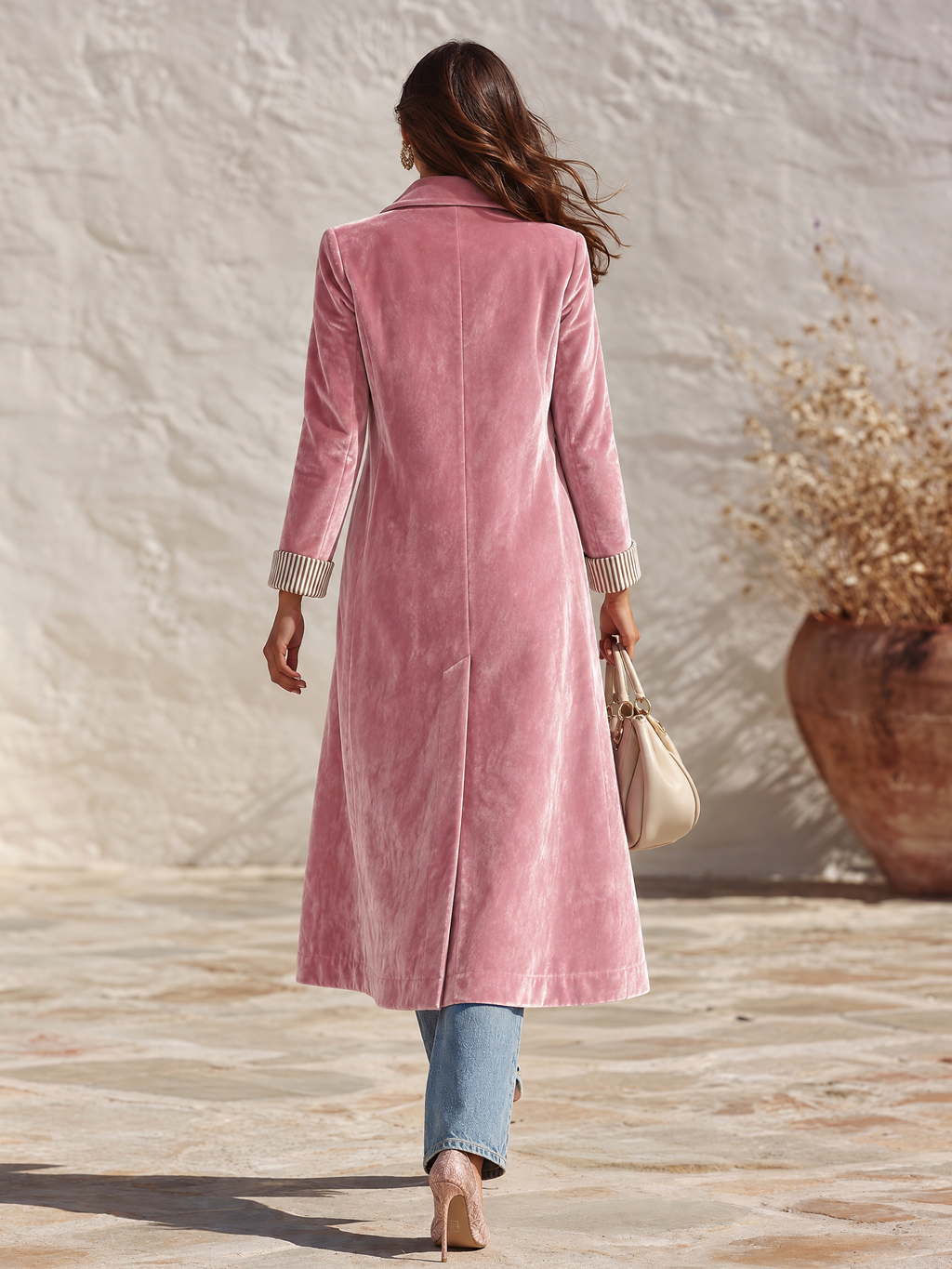 Retro Striped Lining Mid-length Velvet Coat