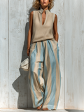 Chic Casual Beige Stand Collar V-Neck Sleeveless Loose Knit Vest Beige-Blue Striped Wide-Leg Cotton Linen Two-Piece Set