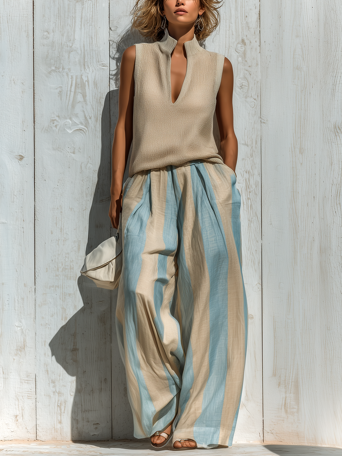 Chic Casual Beige Stand Collar V-Neck Sleeveless Loose Knit Vest Beige-Blue Striped Wide-Leg Cotton Linen Two-Piece Set