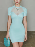 Chic Elegant Blue Mock Neck Mesh Patchwork Short-Sleeve Slim-Fit Ribbed Knit Mini Dress