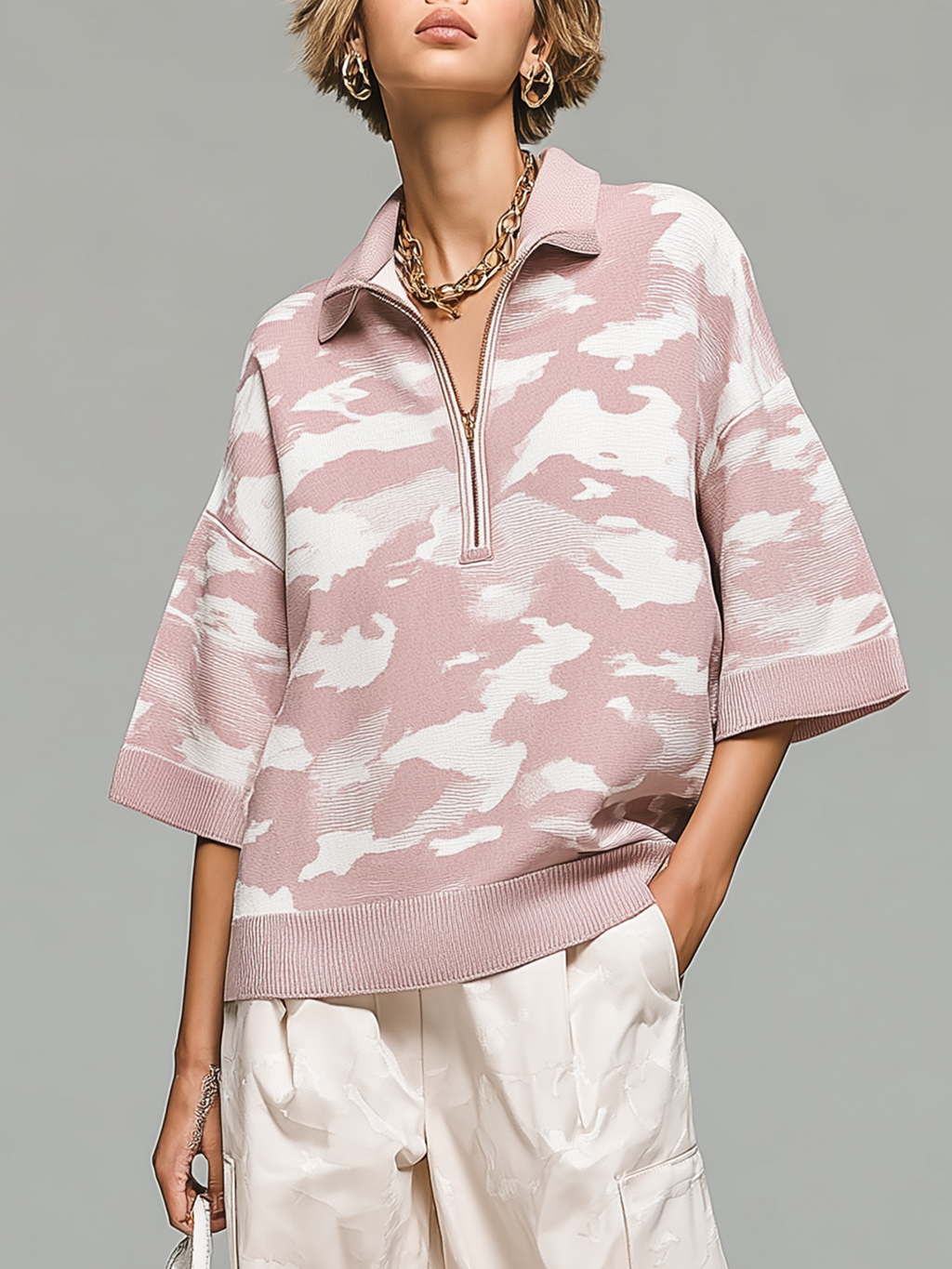 Fashion Casual Pink Camouflage Lapel Collar Zipper-Front Short-Sleeved Loose Knit Sweater