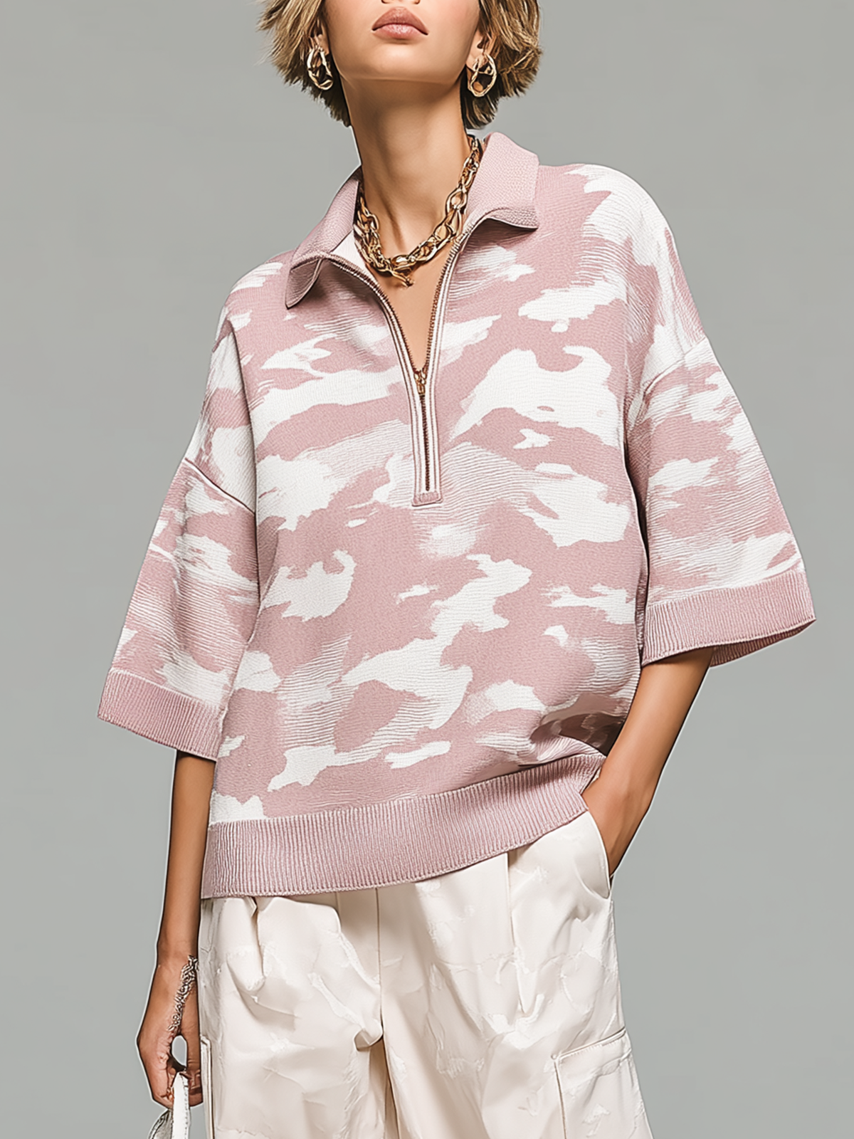 Fashion Casual Pink Camouflage Lapel Collar Zipper-Front Short-Sleeved Loose Knit Sweater