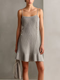 Chic Elegant Gray Spaghetti Straps Square Neck Sleeveless Button Details Slim-Fit Ribbed Knit Mini Dress