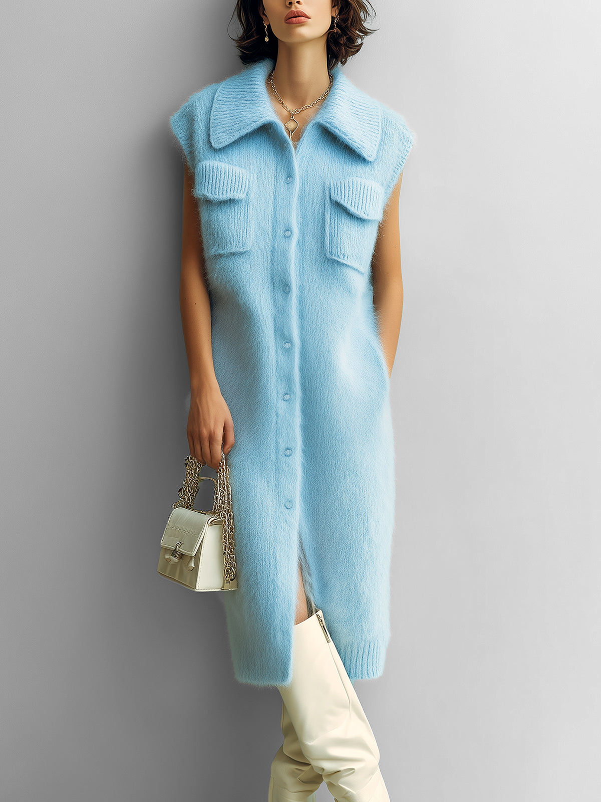 Chic Vintage Blue Lapel Single-Breasted Sleeveless Oversize Multi-Pocket Details Fuzzy Knit Midi Dress