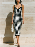 Chic Elegant Black-White Heart Jacquard V-Neck Strappy Sleeveless Slim-Fit Ribbed Knit Midi Dress