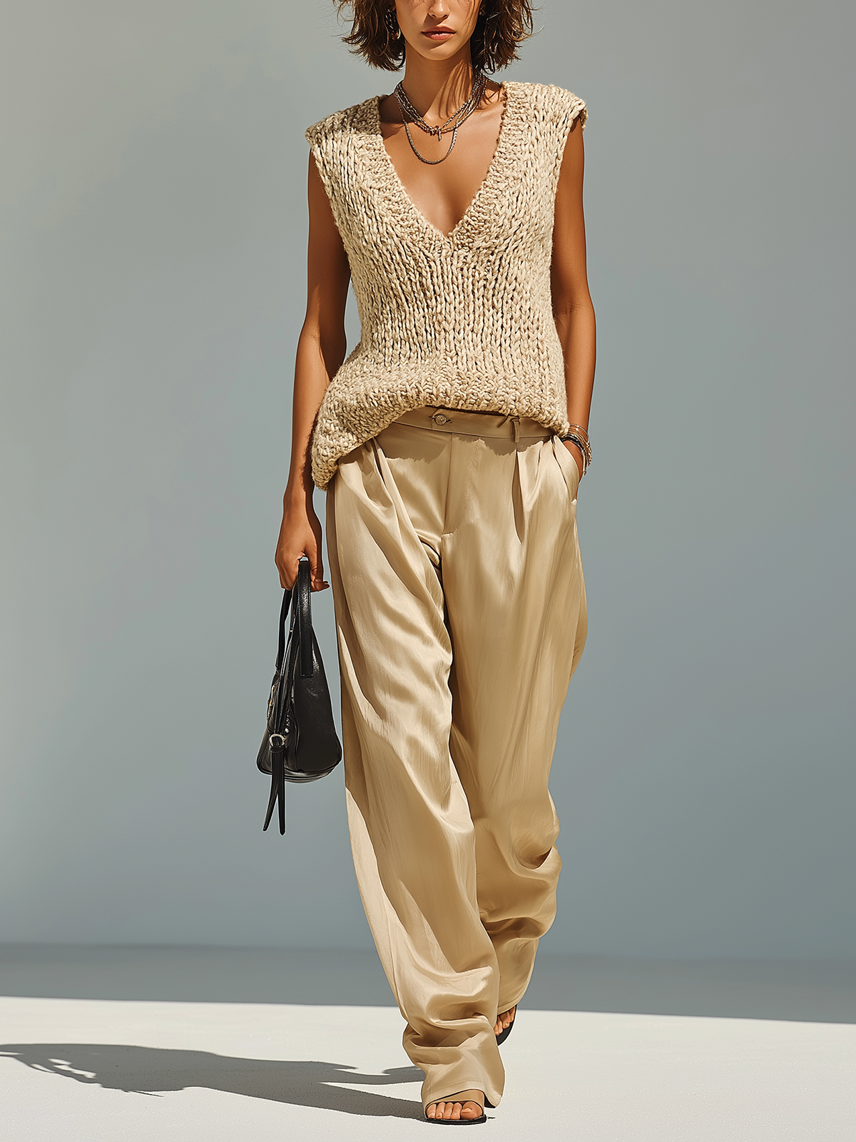 Chic Elegant Khaki V-neck Sleeveless Loose Knit Vest Satin Trousers Two-Piece Set