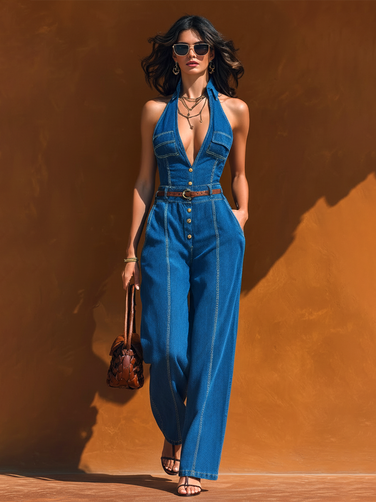 Chic Elegant Blue Halter Lapel Collar V-Neck Sleeveless Slim-Fit Waist Tie Tencel Denim Wide-Leg Jumpsuit