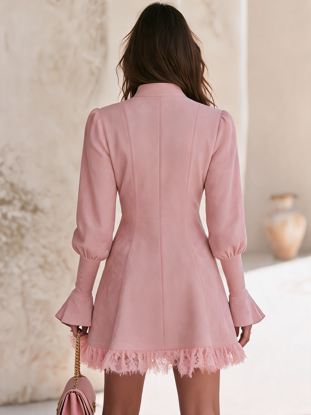 Elegant Mock-Neck Double-Breasted Lace Trim Faux Suede Mini Dress