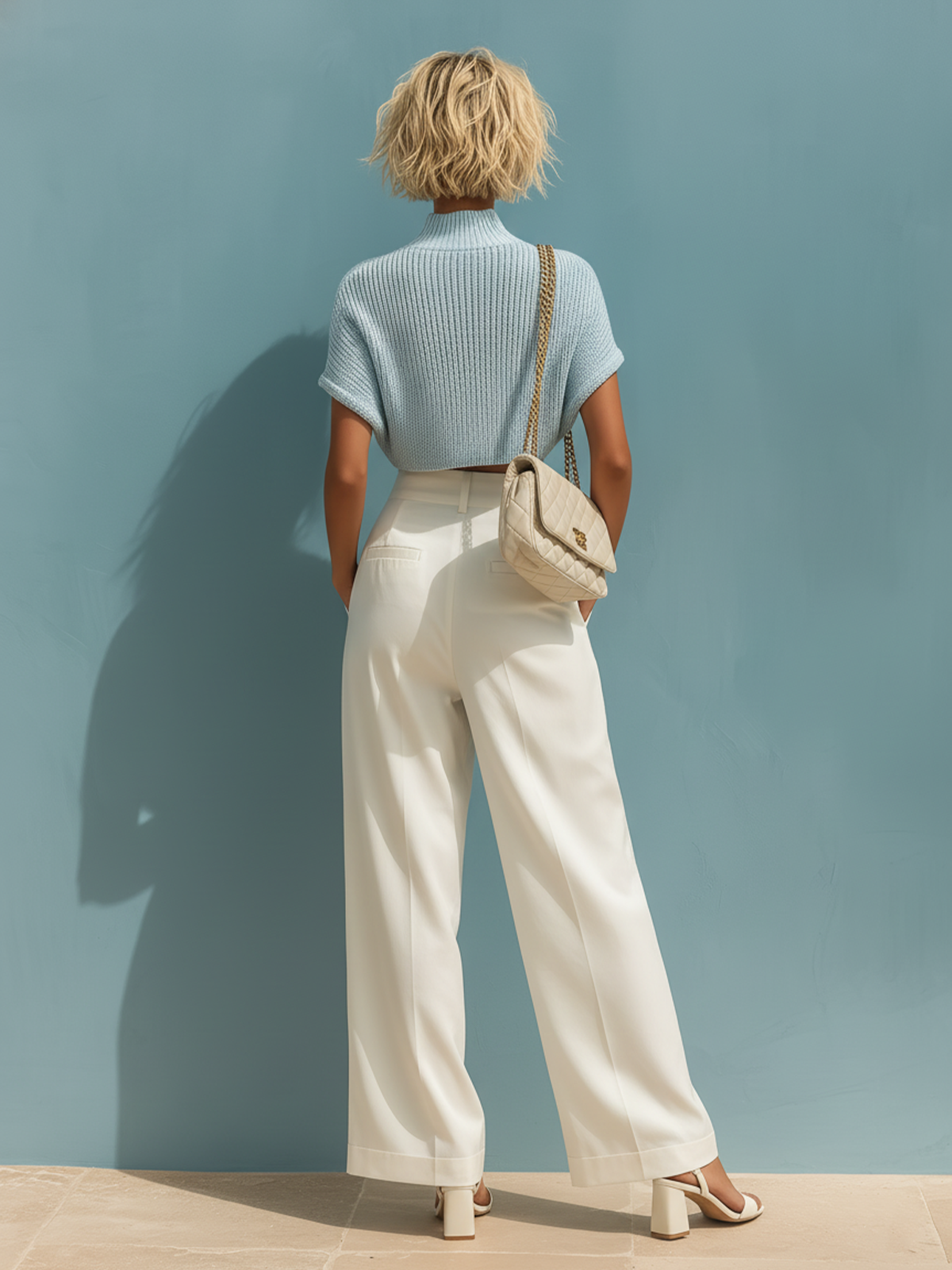 Stylish Elegant Light Blue Mock Neck Short-Sleeve Loose Sweater White Wide-Leg Pants Two-Piece Set