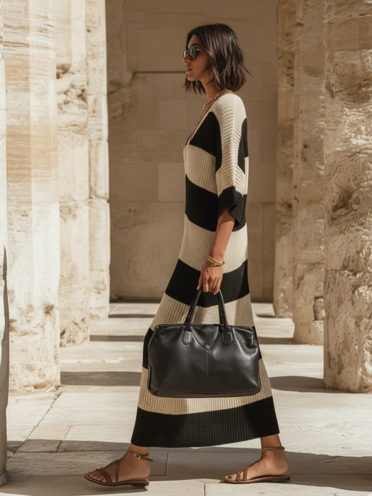 Chic Elegant Beige-Black Striped V-Neck Short-Sleeve Loose-Fit Side Slits Ribbed Knit Maxi Dress