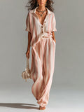 Chic Casual Pink-Beige Stripes Lapel Single-Breasted Short-Sleeve Top Wide-Leg Pants Ribbed Knit Two-Piece Set