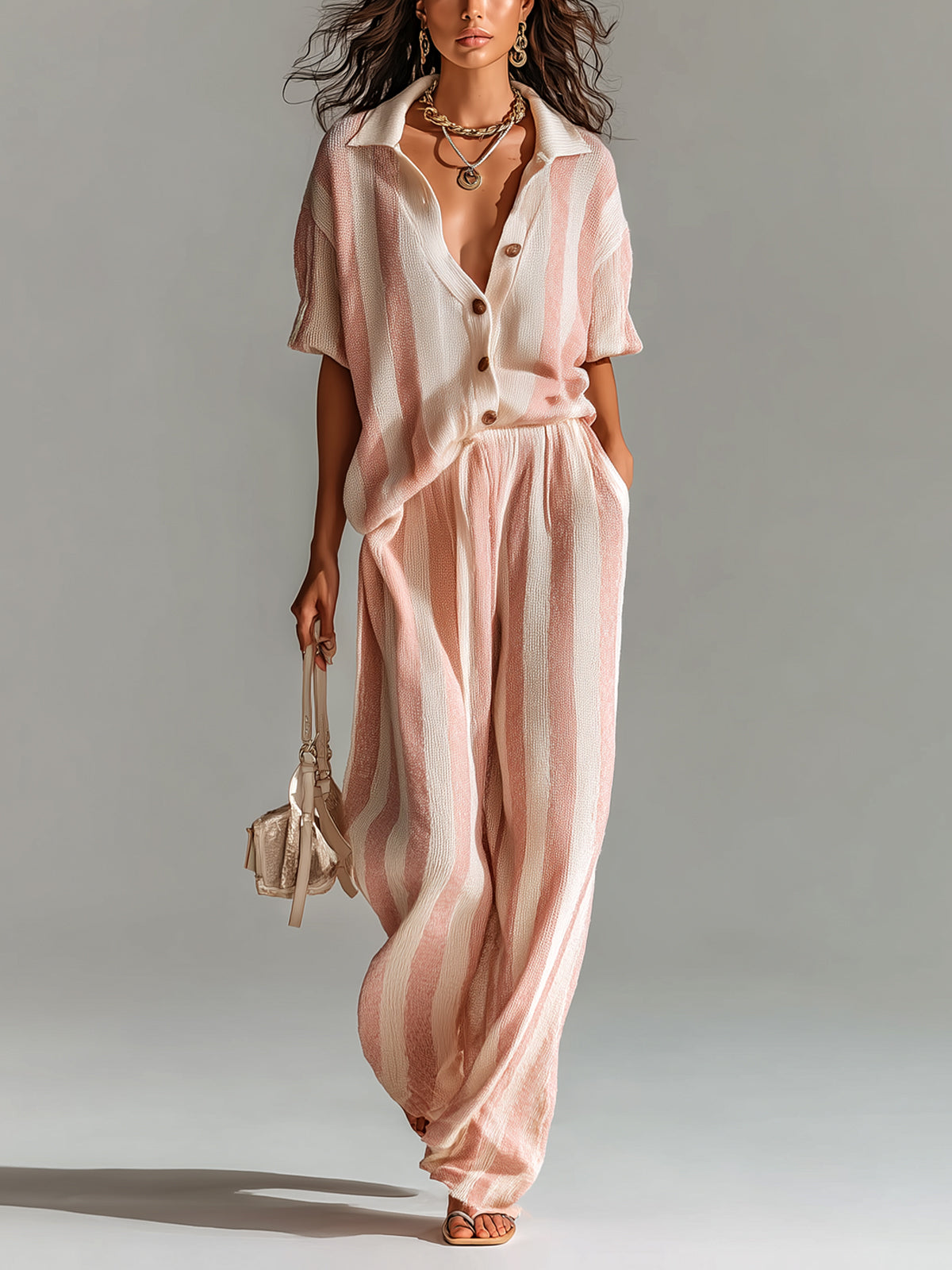 Chic Casual Pink-Beige Stripes Lapel Single-Breasted Short-Sleeve Top Wide-Leg Pants Ribbed Knit Two-Piece Set
