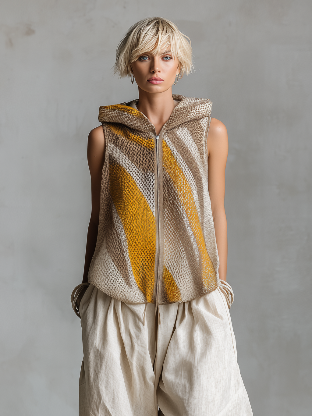 Chic Elegant Brown-Yellow Colorblock Jacquard Hood Sleeveless Zipper-Placket Loose-Fit Knit Vest Top