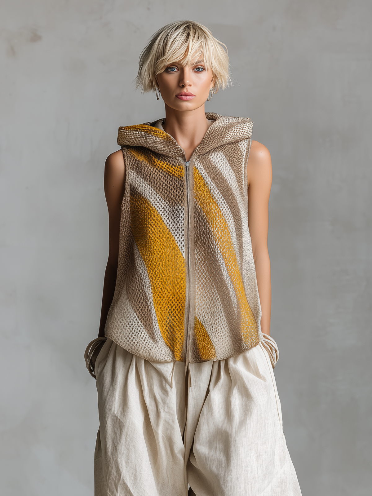 Chic Elegant Brown-Yellow Colorblock Jacquard Hood Sleeveless Zipper-Placket Loose-Fit Knit Vest Top
