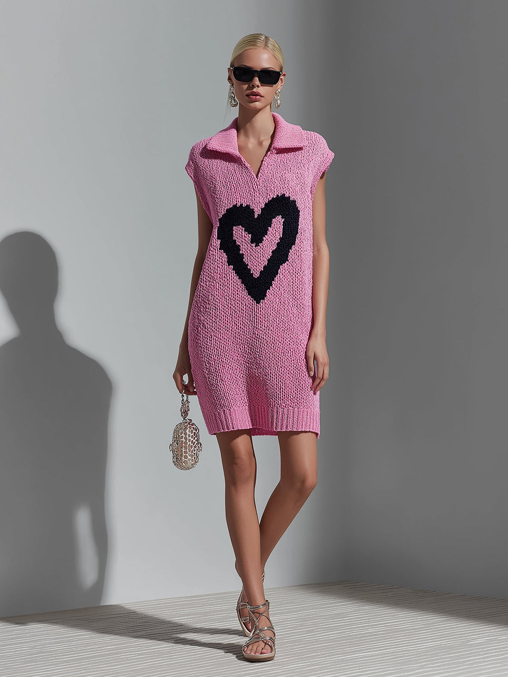 Chic Casual Pink Lapel V-Neck Heart Jacquard Sleeveless Loose-Fit Knit Mini Dress