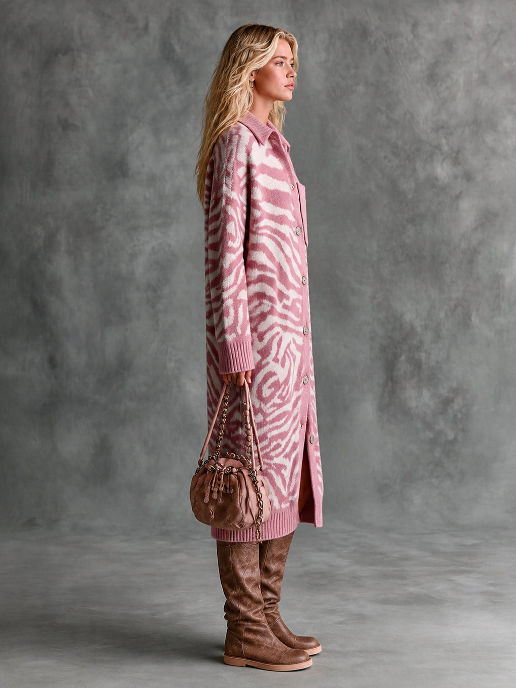 Chic Elegant Pink-Beige Zebra Jacquard Lapel-Collar Single-Breasted Long-Sleeve Patch Pocket Loose-Fit Wool Blend Knit Midi Dress