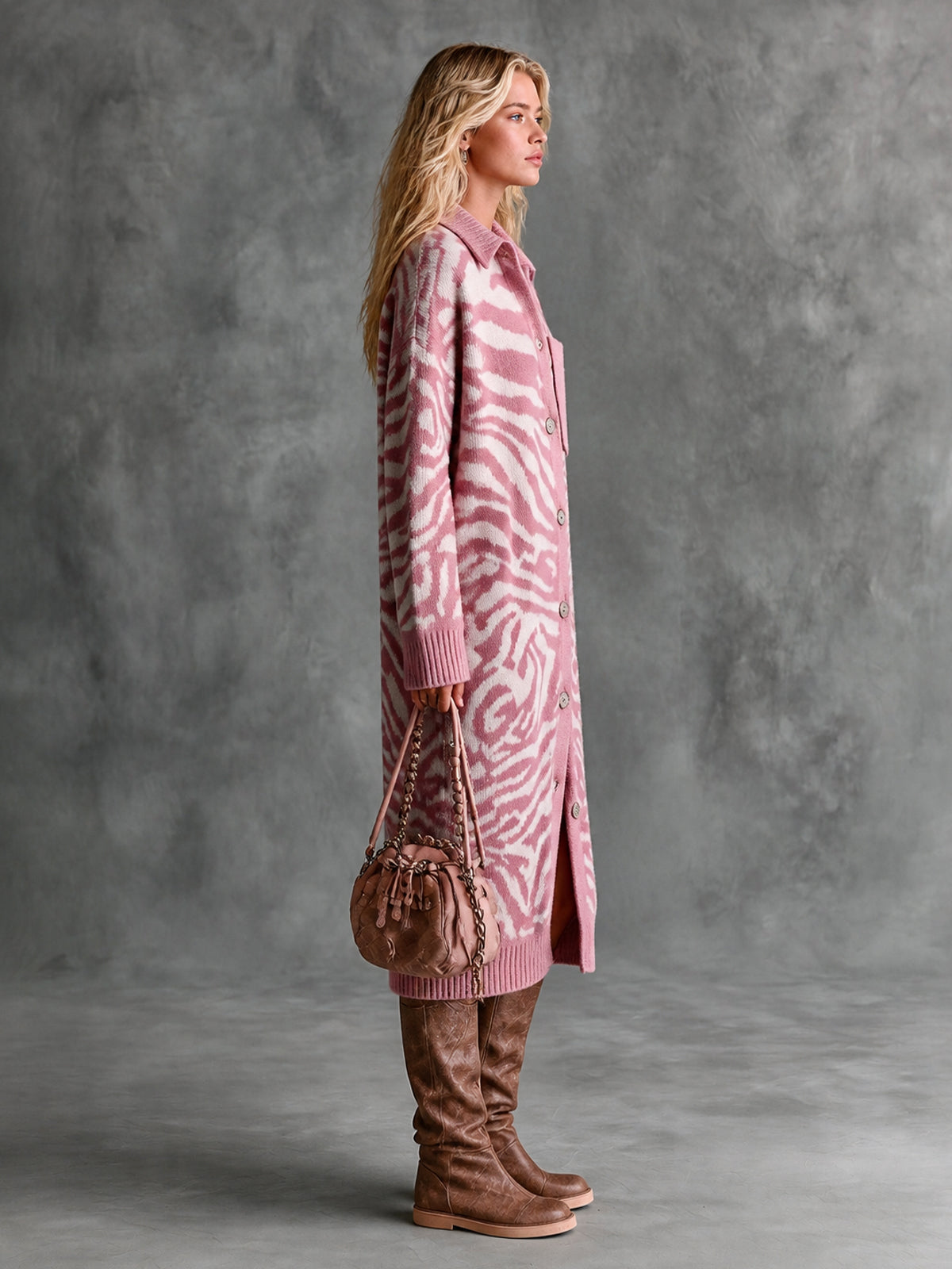 Chic Elegant Pink-Beige Zebra Jacquard Lapel-Collar Single-Breasted Long-Sleeve Patch Pocket Loose-Fit Wool Blend Knit Midi Dress