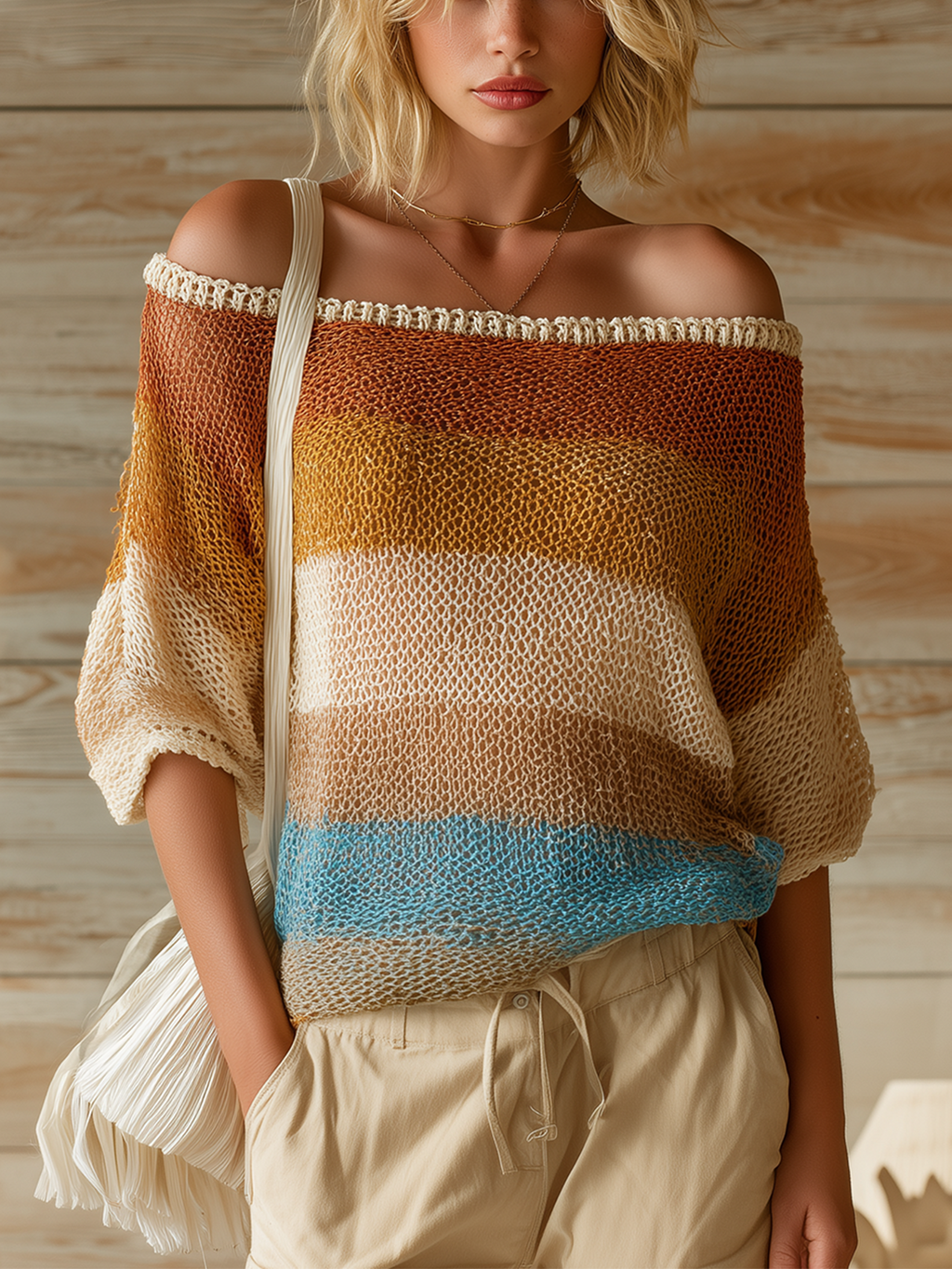 Chic Casual Beige Striped Off-Shoulder Short-Sleeve Loose-Fit Mesh Knit Sweater Top