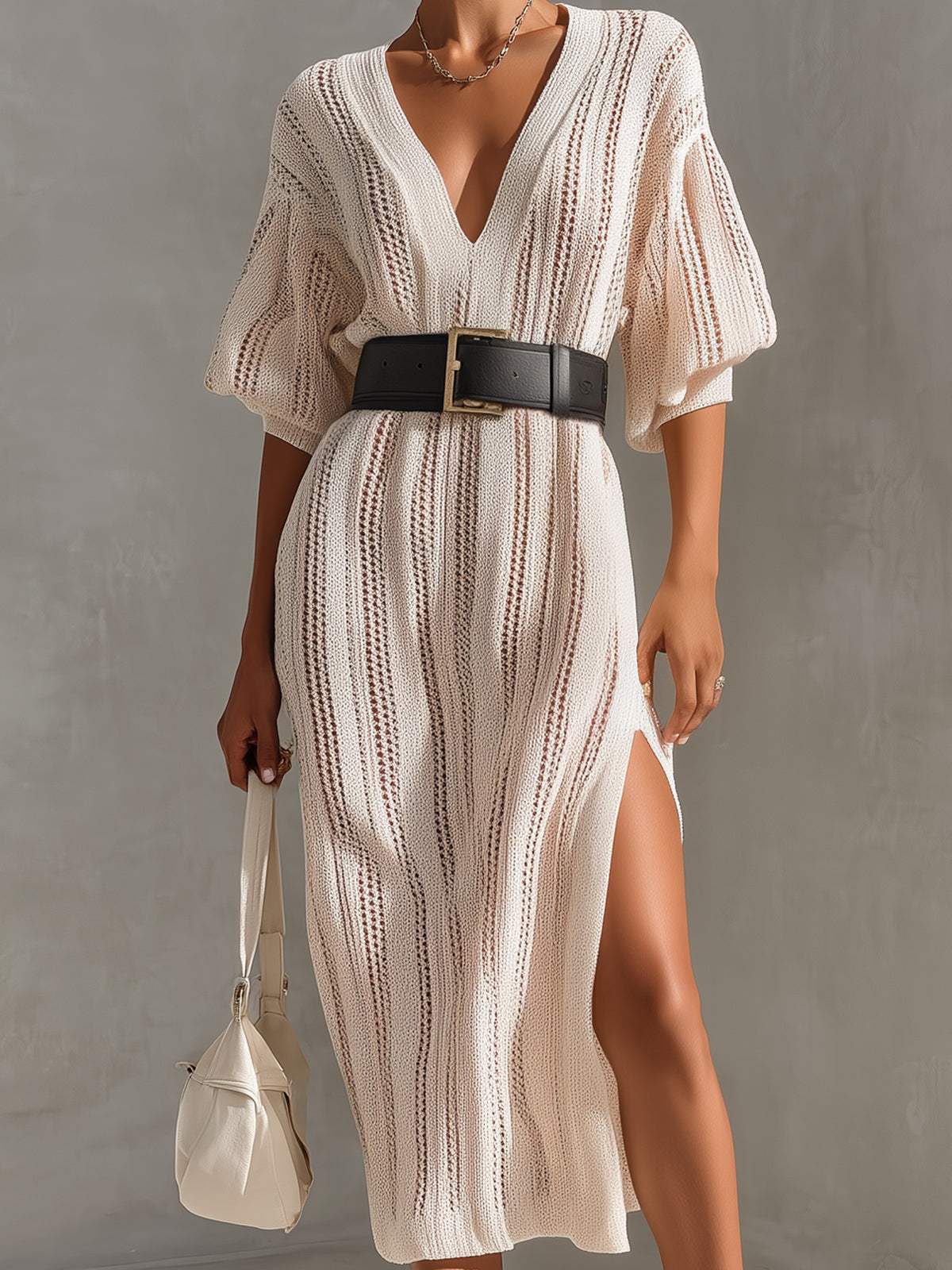 Chic Elegant Beige Deep V-Neck Short-Sleeve Belted Loose-Fit Side-Slit Hollow-Out Knit Midi Dress