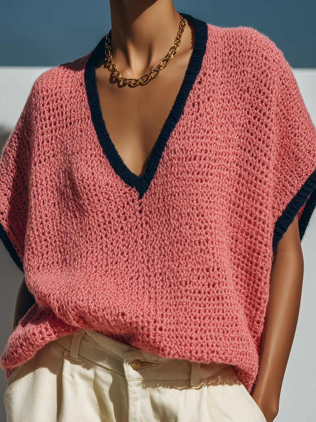 Chic Casual Dark Pink Contrast-Trim V-Neck Short-Sleeve Loose-Fit Breathable Knit Sweater Top