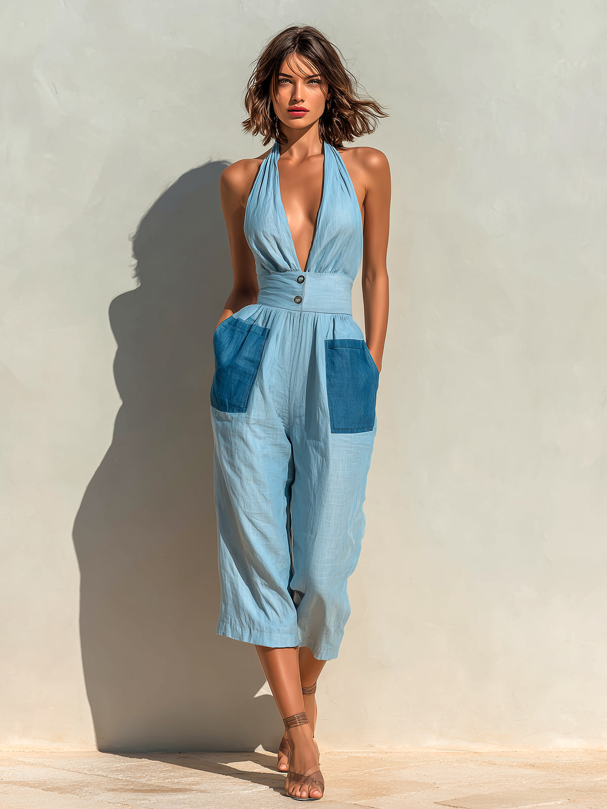 Chic Elegant Blue Colorblock Linen Blend Halter V-Neck Sleeveless  Patch Pockets Tailored-Waist Cropped Jumpsuit