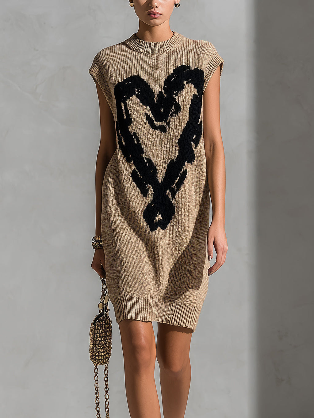 Chic Elegant Camel Round-Neck Sleeveless Black Heart Jacquard Loose-Fit Knit Midi Dress