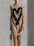 Chic Elegant Camel Round-Neck Sleeveless Black Heart Jacquard Loose-Fit Knit Midi Dress